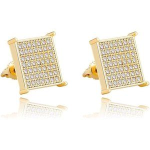 Golden Squares 925 Sterling Silver Simulated  Iced Out Diamond Stud Earrings